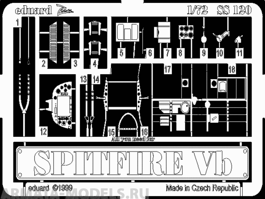 SS120 Фототравление Spitfire Mk.Vb For Italeri Kit Набор фототр. интерьер  (Eduard) 1/72