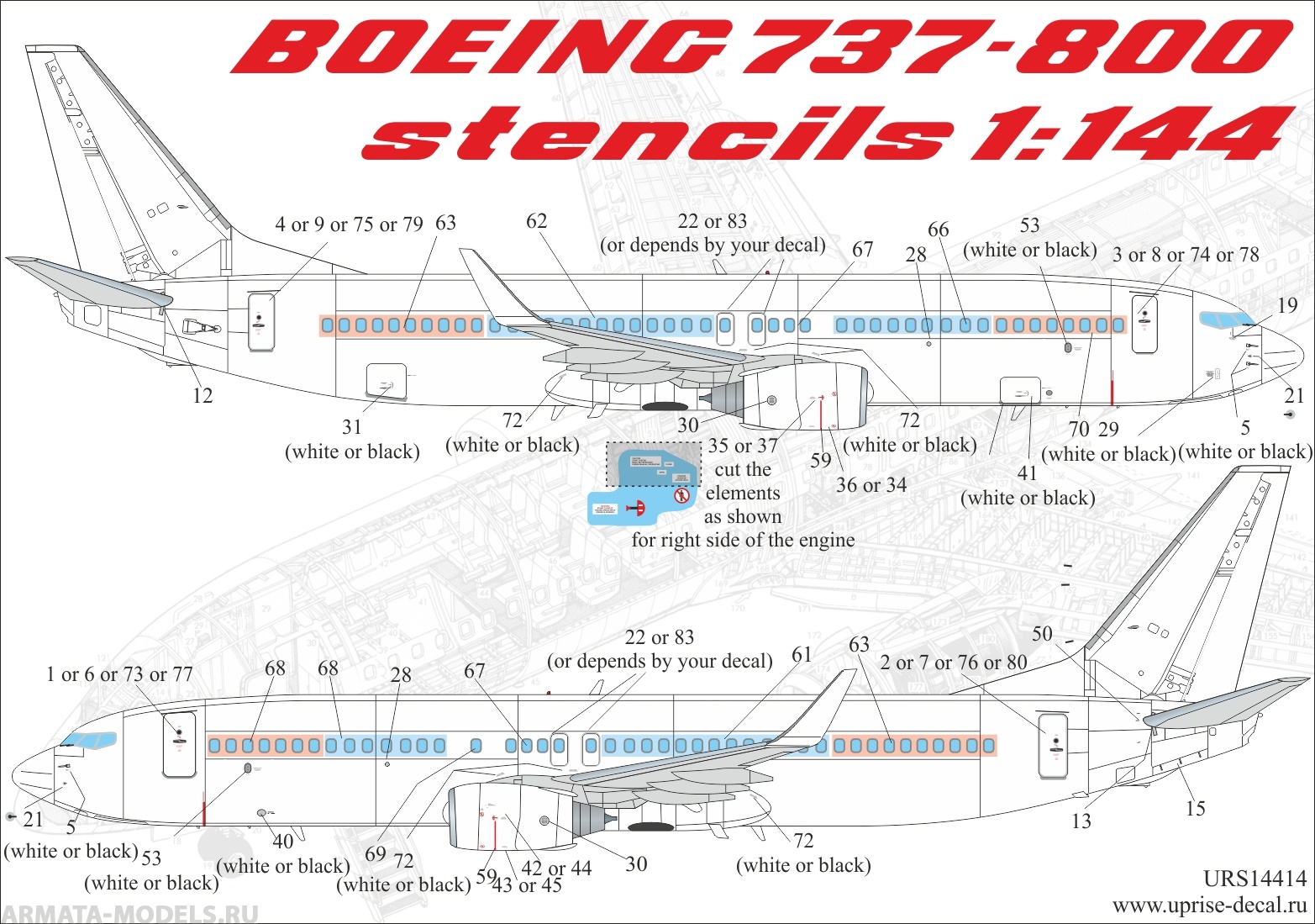 URS14414 Декали для Stencils for Boeing 737-700/800 for Zvezda kit