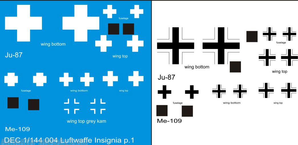 DEC1/144-004 Декаль 1/144 немецкие опознавательные знаки для Ju-87 и Ме-109