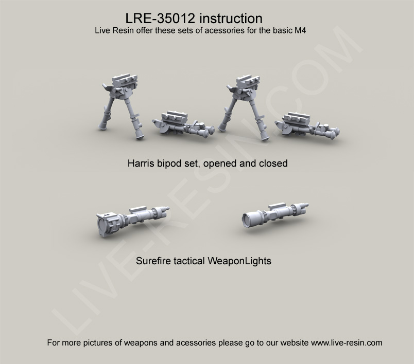 LRE35012 Harris bipod set, opened and folded, Surefire tactical WeaponLights