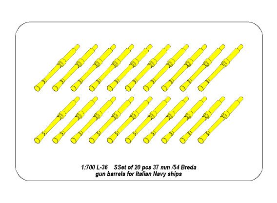 ABR-1:700-L-36  Дополнения для  Set of 20 pcs 37 mm /54 Breda gun barrels for Italian Navy ships для  1/700