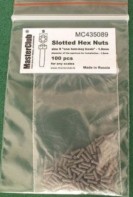 MC435089  корончатая гайка, размер под ключ - 1.8mm;  диаметр отверстия для монтажа-1.5mm;   100 шт.