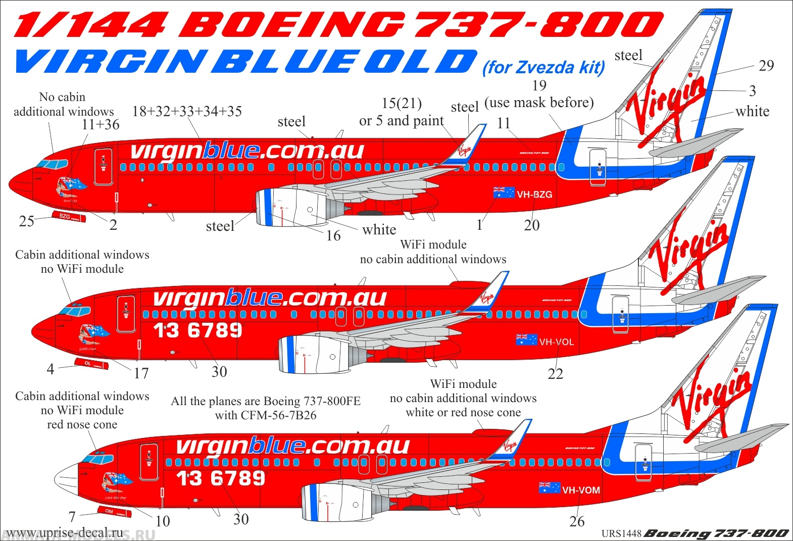 URS1448 Декали для Boeing 737-800 Virgin Blue Old