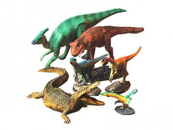 60107 Набор из 6-ти мезозойских животных (Детеныши паразауролофа и тираннозавра, овираптор, гипсилодон, крокодил и птица археоптерикс) Tamiya