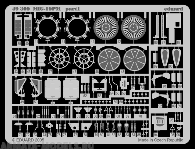 49309 Фототравление для MiG-19 PM  (Экст-р+цвет. интерьер) для модели Trumpeter