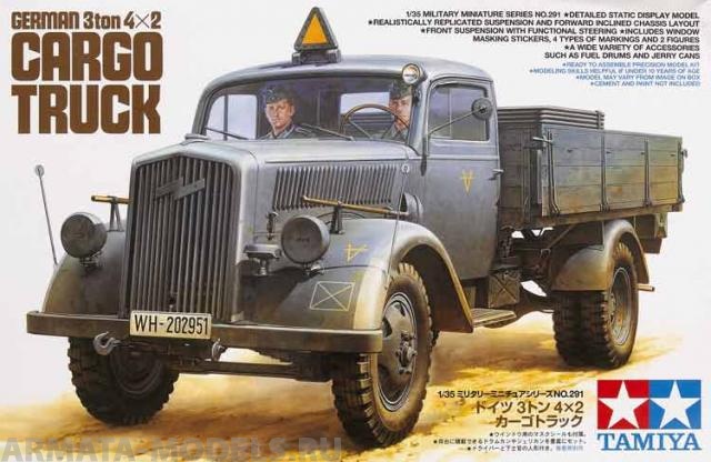 35291 Немецкий 3-х тонный грузовик (Opel Blitz), 2 фигуры, (4 варианта декалей), бочки и канистры Tamiya