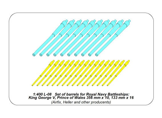 ABR-1:400-L-08  Дополнения для  Set of barrels for Royal Navy Battleships King George V, Prince of Wales 356 mm x 10, 133 mm x 16 универсальный набор 1/400