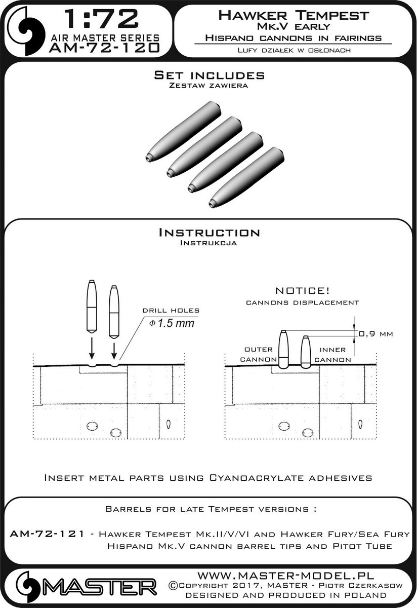 AM-72-120 Дополнение для моделей Hawker Tempest Mk.V early - Hispano 20mm cannon barrels in fairings