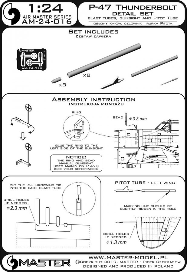 AM-24-016 P-47 Thunderbolt - набор деталей - взрывные трубы Browning .50, прицел и трубка Пито