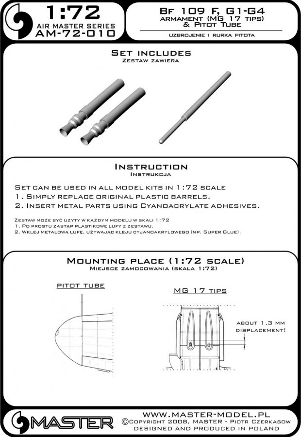 AM-72-010 Набор вооружения и ПВД для Bf 109F, G1-G4 (стволы на MG 17)