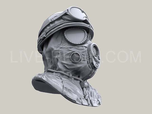 LRE35266 Противогаз M17 US с капюшоном комплекта ядерной, биологической и химической защиты и шлемом M1 — период Холодной войны. Два варианта положения головы.