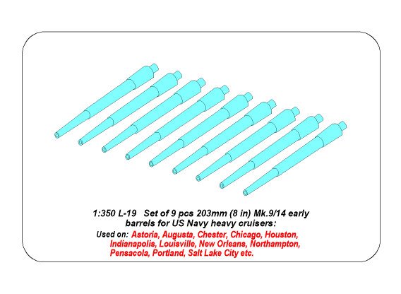 ABR-1:350-L-19  Дополнения для  Set of 9 pcs 203 mm barrels for USN ships : New Orleans, Minneapolis type для  1/350