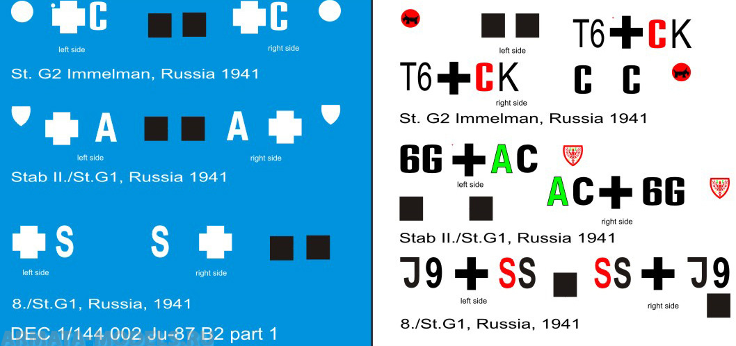 DEC1/144-002 Декаль 1/144 именные варианты на самолет  Ju-87B2
