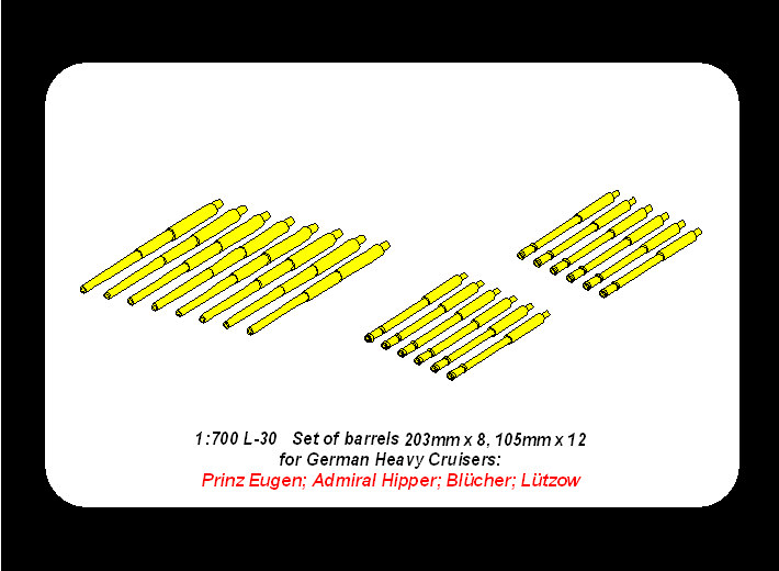 ABR-1:700-L-30  Дополнения для  Set of Barrels for Prinz Eugen class crusies  203mm x 8; 105mm x 12  для  1/700