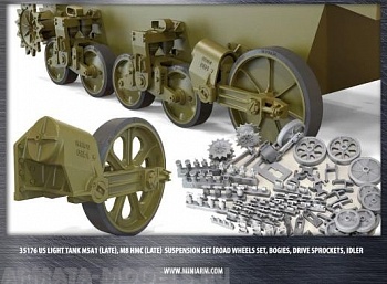 35176 US light tank M5A1 (поздний)/M8 HMC (поздний) набор подвески ( катки, тележки, ведущие звезды, ленивцы с подвеской) for Tamiya, AFV Club