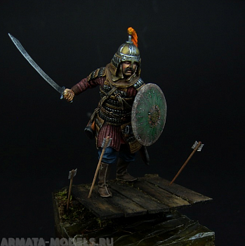CHM-54045(М). Татаро-монгольский воин с мечтом, 14 век. 54 мм. Материал - белый металл.